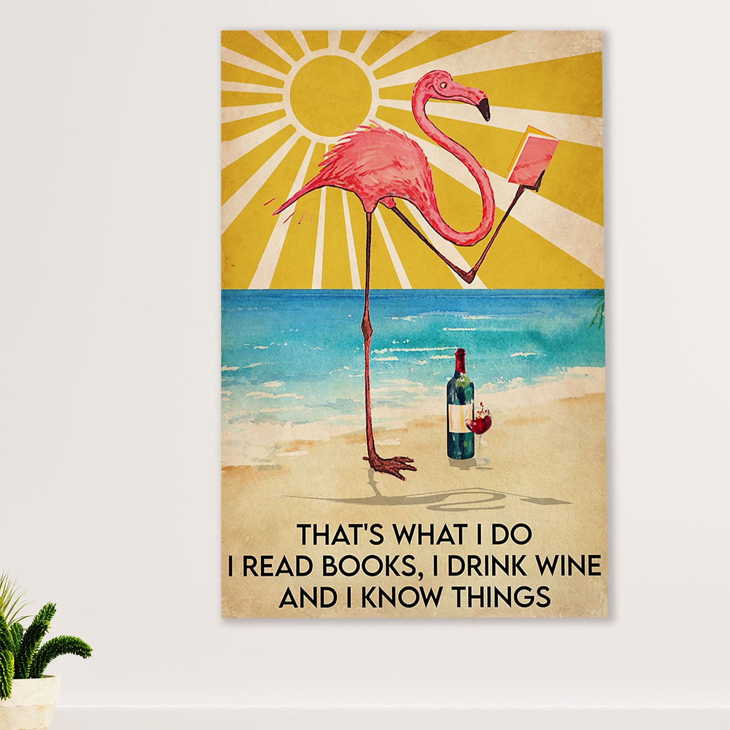 Summer Ocean Canvas Wall Art Prints | Flamingo Reads Books & Drinks Wine | Gift for Sand Beach Sea Lover