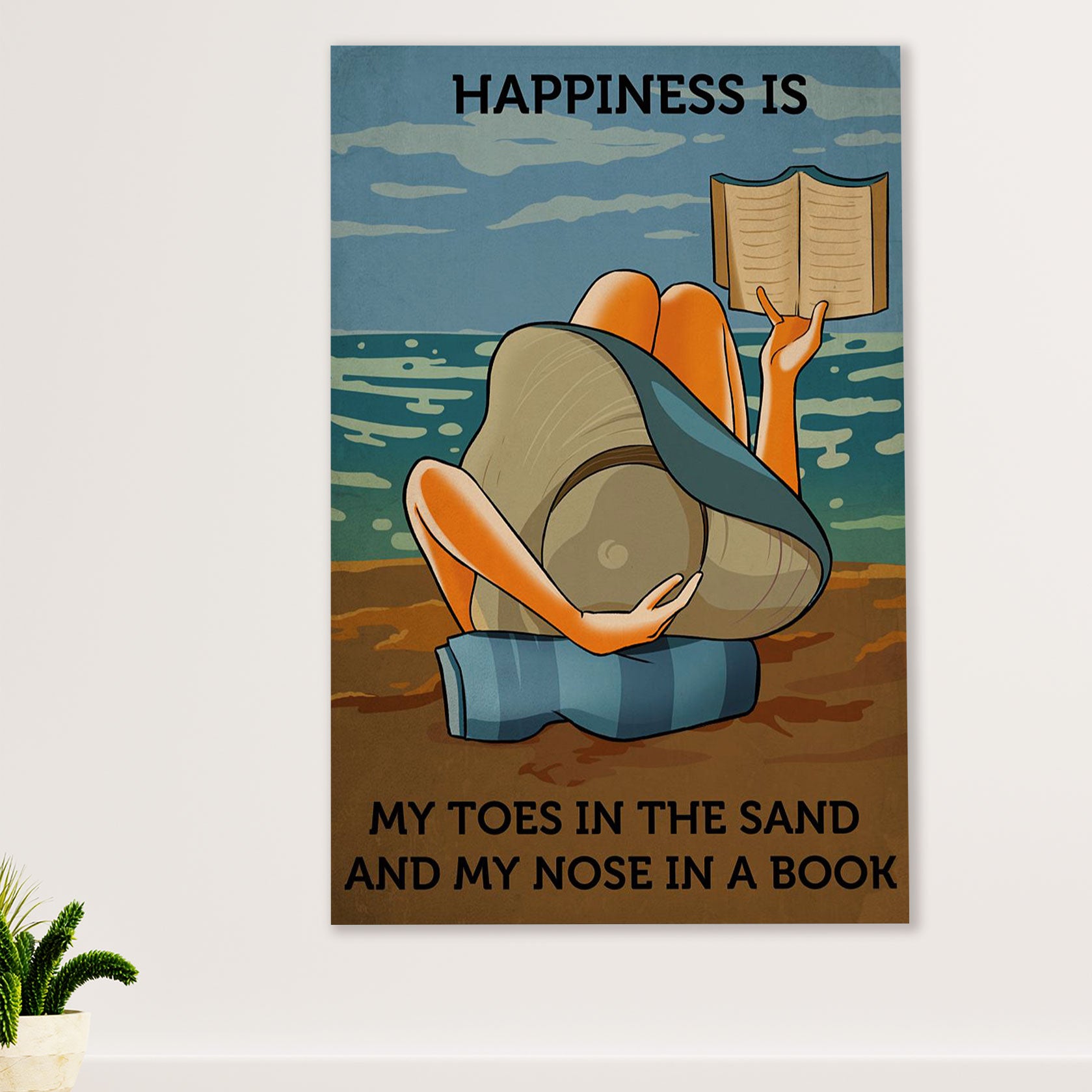 Summer Beach Ocean Poster | Happy Girl Reading Book | Wall Art Gift for Sand Sea Ocean Lover