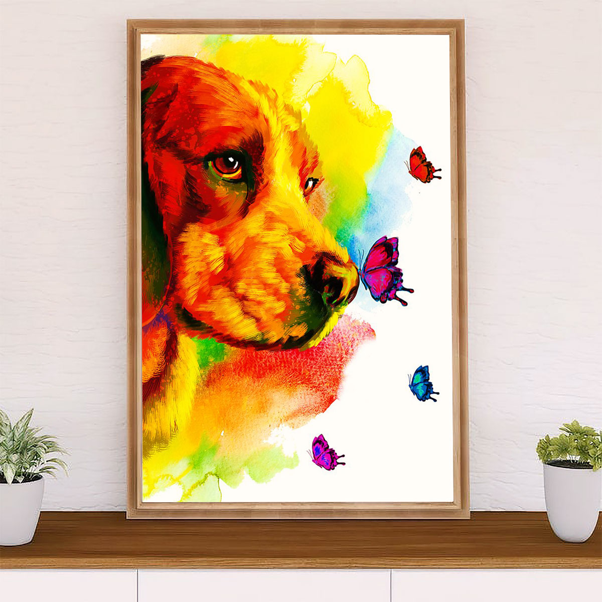 Beagle Dog Poster | Dog Watercolor Butterflies | Wall Art Gift for Pocket Beagle Puppies Lover