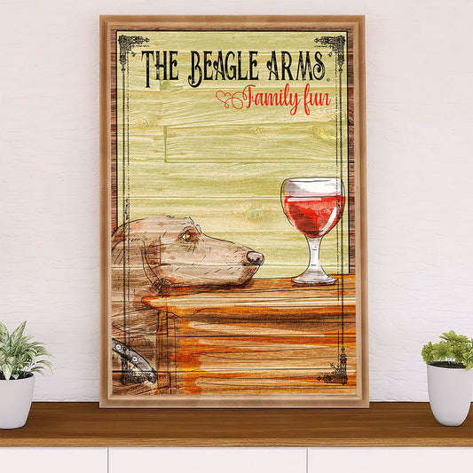 Beagle Dog Poster | Beagle Arms Wine Family Fun | Wall Art Gift for Pocket Beagle Puppies Lover