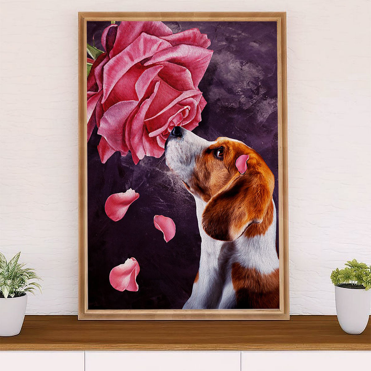 Beagle Dog Canvas Wall Art | Beagle & Rose | Gift for Pocket Beagle Puppies Lover