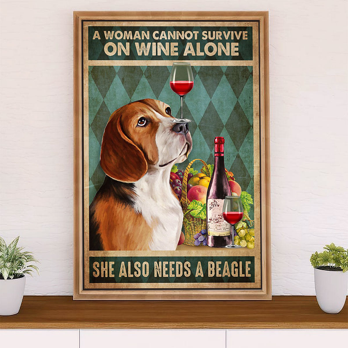 Beagle Dog Canvas Wall Art | Woman Loves Wine & Beagle | Gift for Pocket Beagle Puppies Lover