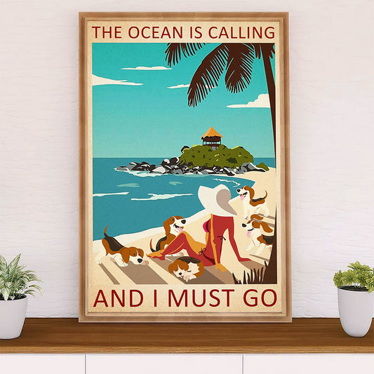 Beagle Dog Poster | Girl Loves Ocean & Dog | Wall Art Gift for Pocket Beagle Puppies Lover