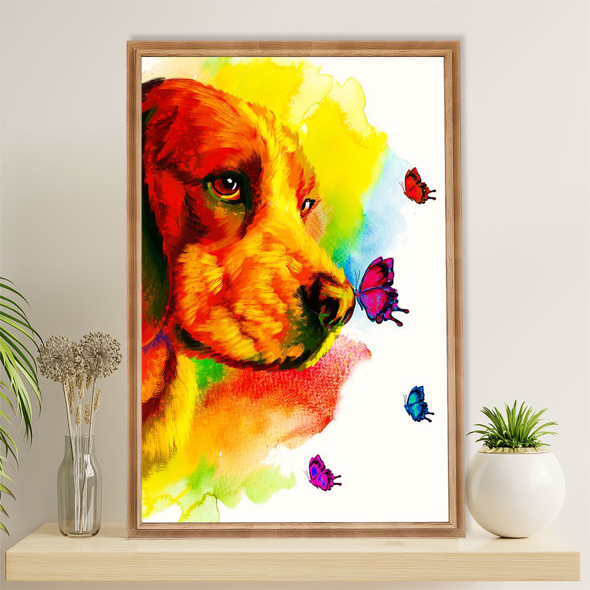 Beagle Dog Poster | Dog Watercolor Butterflies | Wall Art Gift for Pocket Beagle Puppies Lover