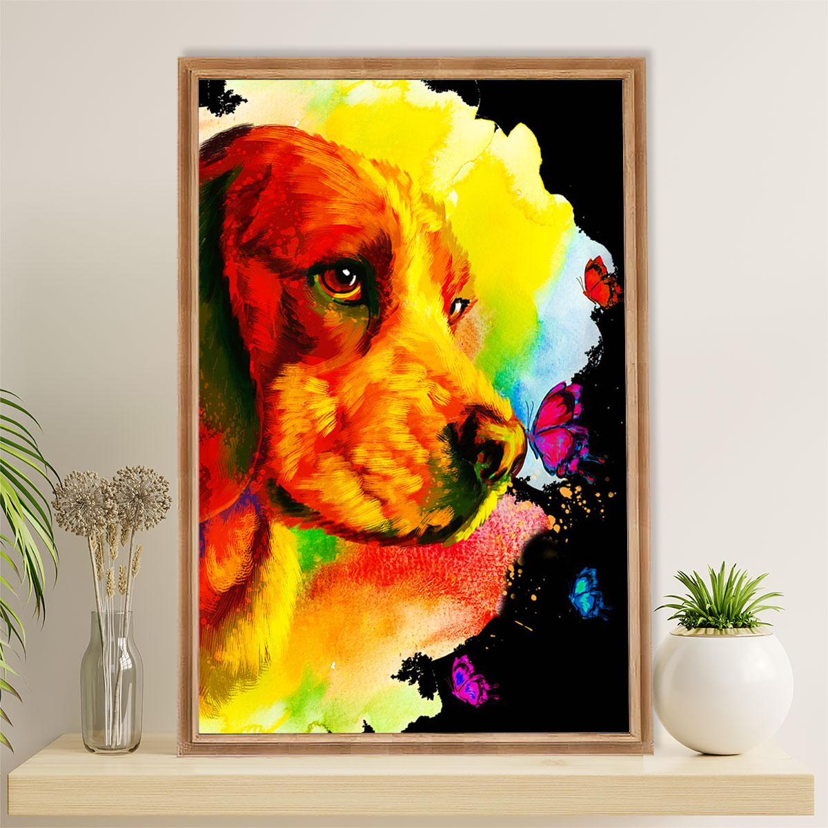 Beagle Dog Canvas Wall Art | Dog Watercolor Butterflies | Gift for Pocket Beagle Puppies Lover