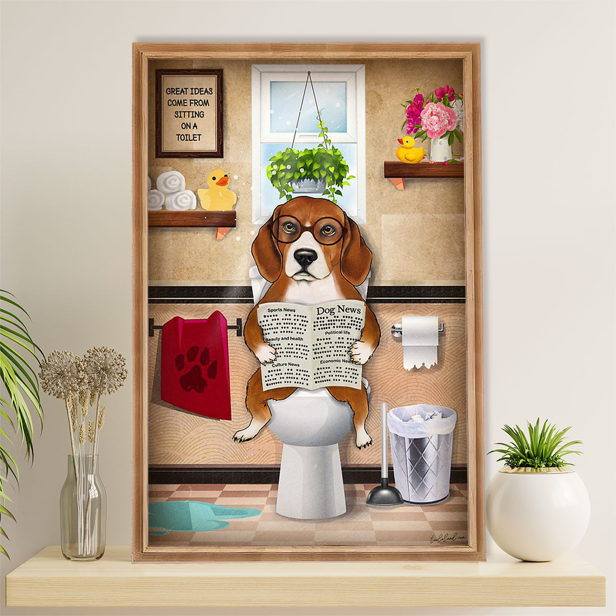 Beagle Dog Canvas Wall Art | Funny Dog in Toilet | Gift for Pocket Beagle Puppies Lover