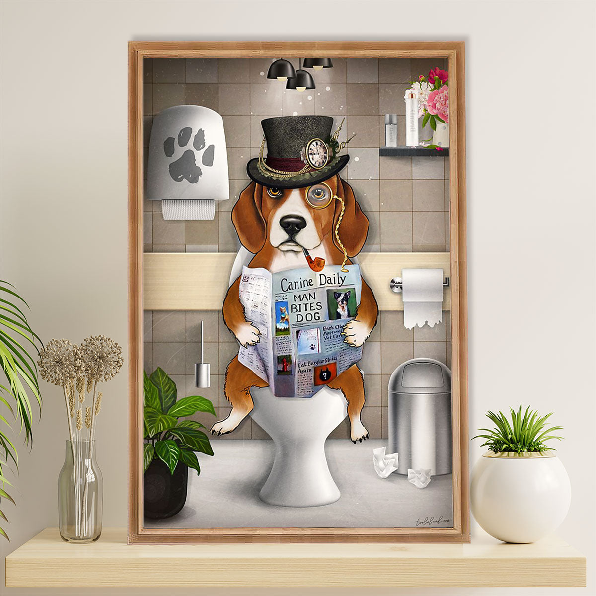 Beagle Dog Canvas Wall Art | Funny Dog in Toilet | Gift for Pocket Beagle Puppies Lover