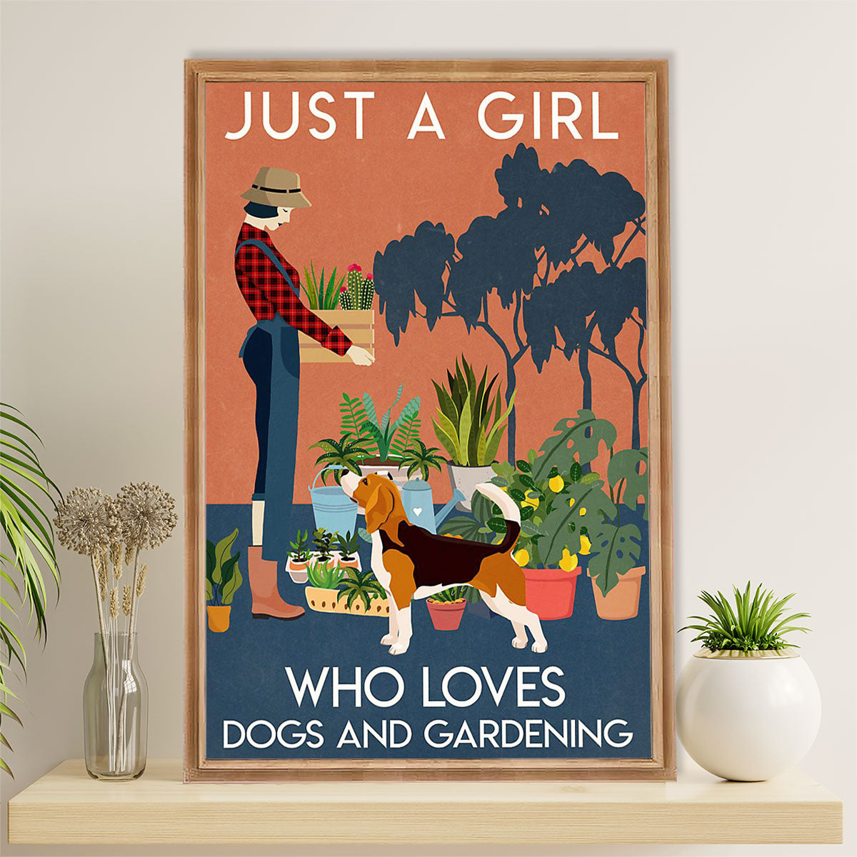 Beagle Dog Canvas Wall Art | Girl Loves Dogs & Gardening | Gift for Pocket Beagle Puppies Lover