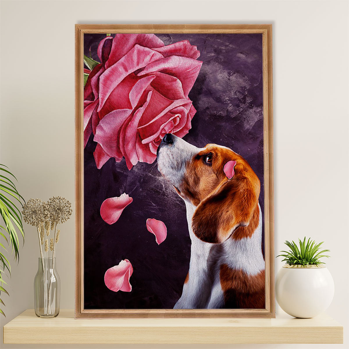 Beagle Dog Canvas Wall Art | Beagle & Rose | Gift for Pocket Beagle Puppies Lover