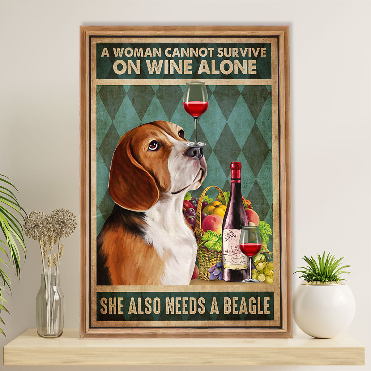 Beagle Dog Canvas Wall Art | Woman Loves Wine & Beagle | Gift for Pocket Beagle Puppies Lover