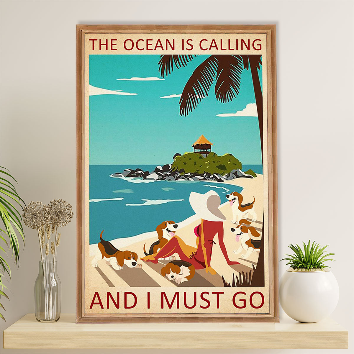 Beagle Dog Canvas Wall Art | Girl Loves Ocean & Dog | Gift for Pocket Beagle Puppies Lover