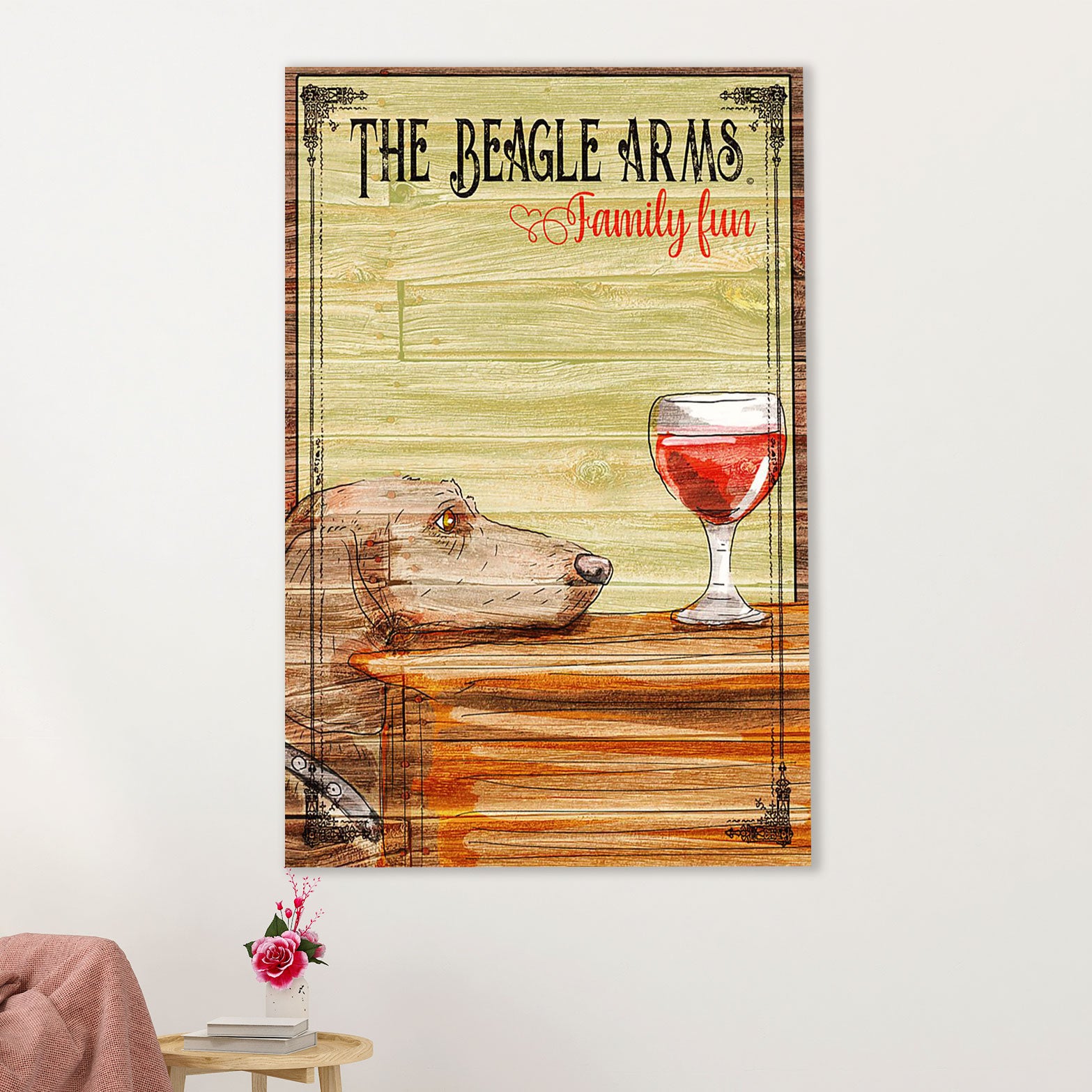 Beagle Dog Poster | Beagle Arms Wine Family Fun | Wall Art Gift for Pocket Beagle Puppies Lover