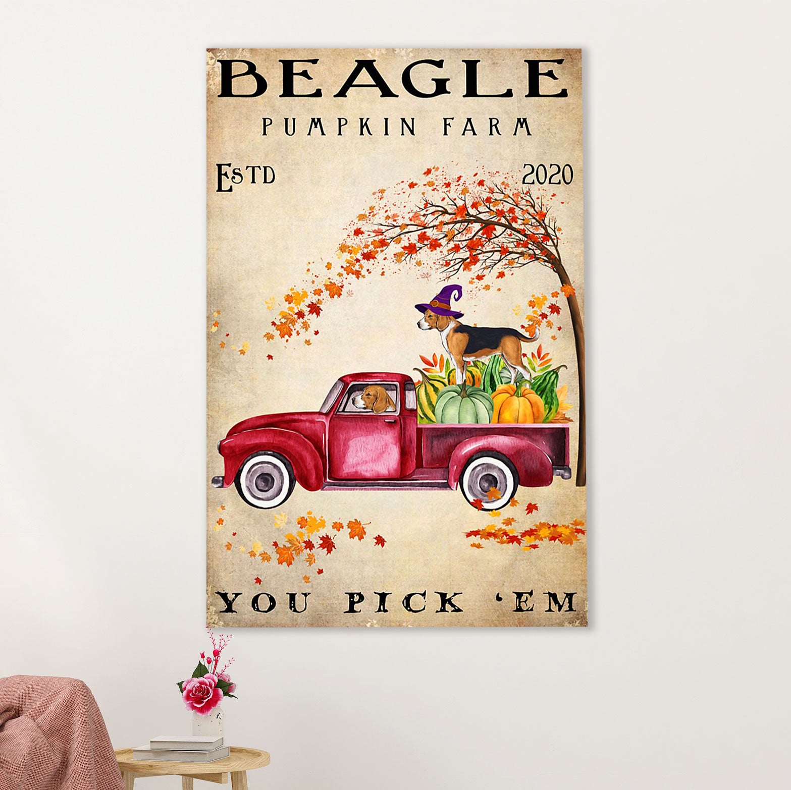 Beagle Dog Poster | Beagle Pumpkin Farm | Wall Art Gift for Pocket Beagle Puppies Lover