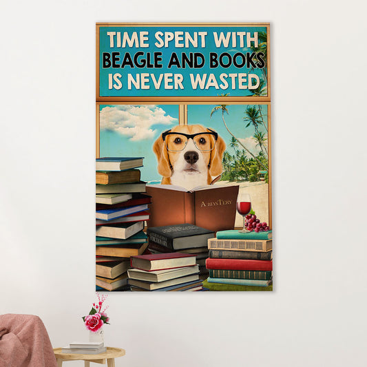 Beagle Dog Canvas Wall Art | Time Spent With Beagle & Books | Gift for Pocket Beagle Puppies Lover