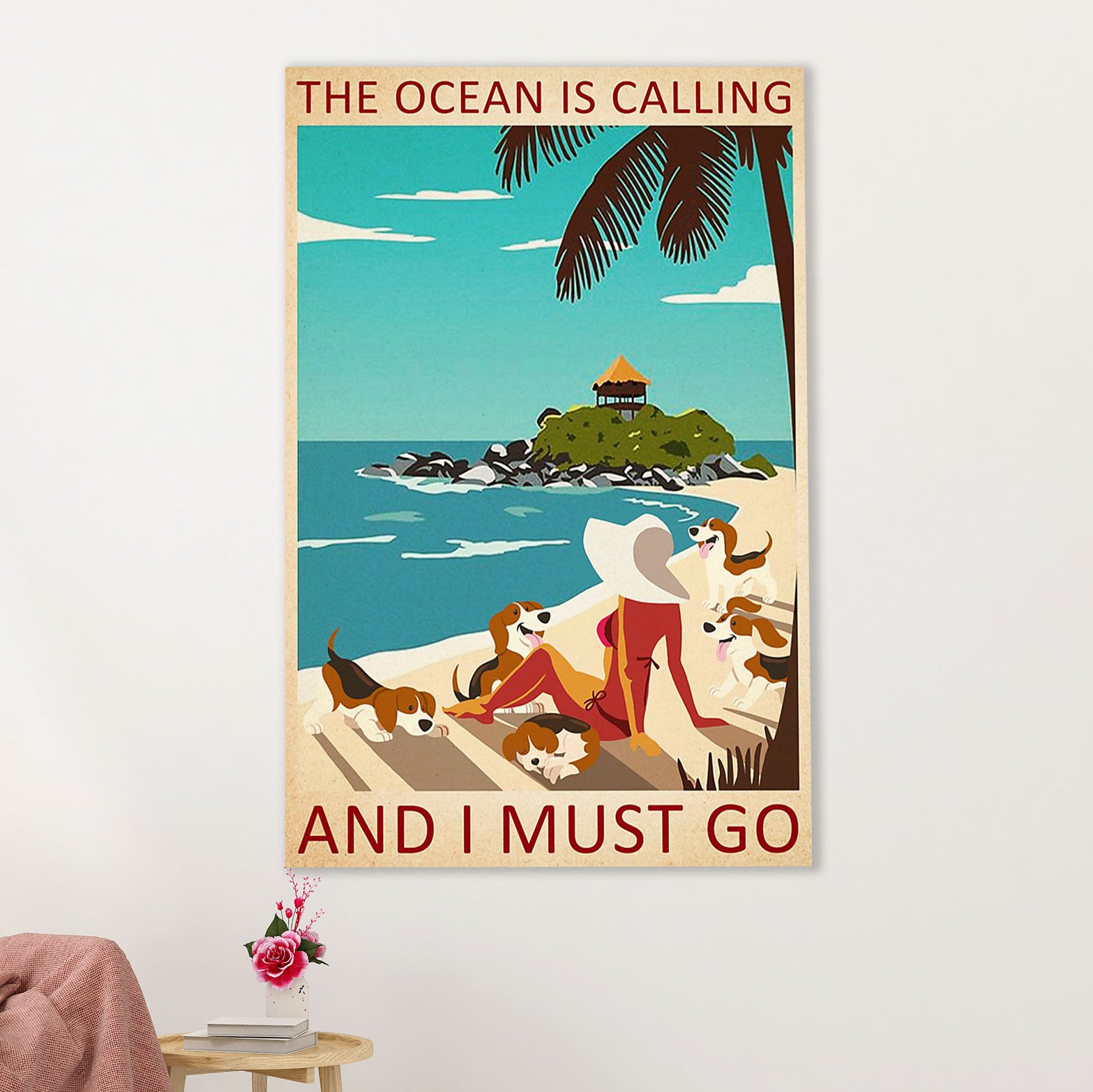 Beagle Dog Canvas Wall Art | Girl Loves Ocean & Dog | Gift for Pocket Beagle Puppies Lover