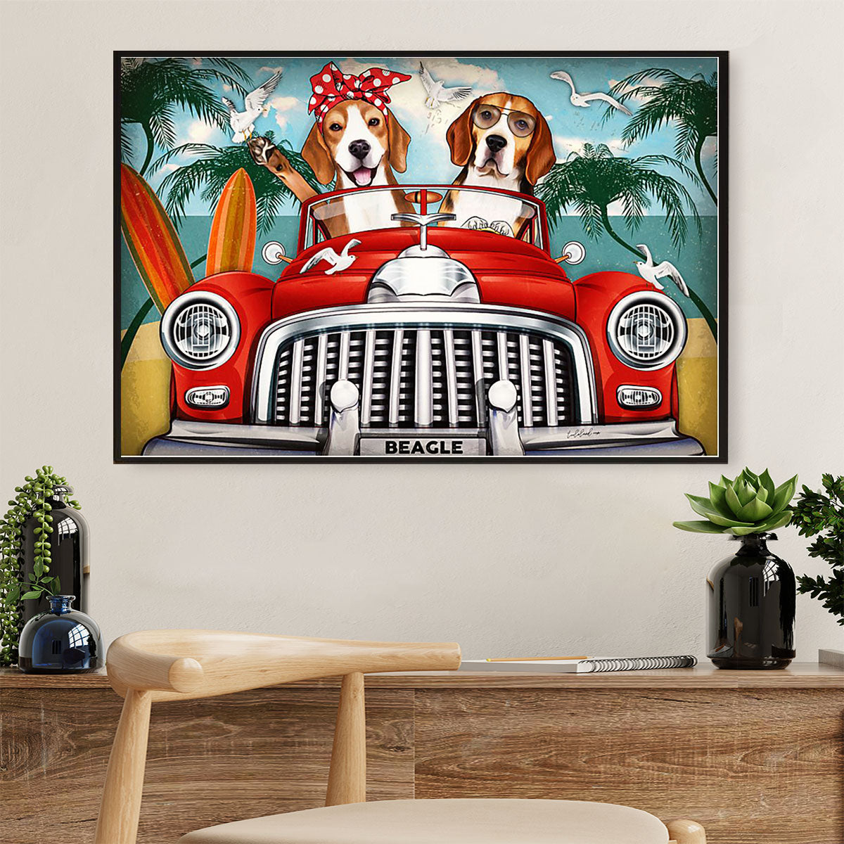 Beagle Dog Canvas Wall Art Prints | Dog Summer Trip To The Beach | Home Décor Gift for Pocket Beagle Puppies Lover