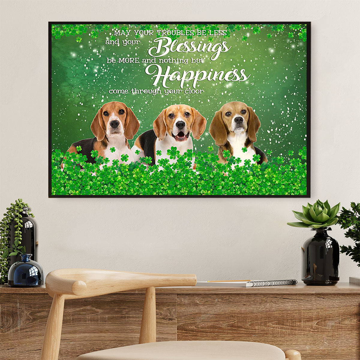 Beagle Dog Canvas Wall Art Prints | St.Patrick's Day | Home Décor Gift for Pocket Beagle Puppies Lover