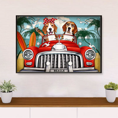 Beagle Dog Poster Prints | Dog Summer Trip To The Beach | Wall Art Gift for Pocket Beagle Puppies Lover