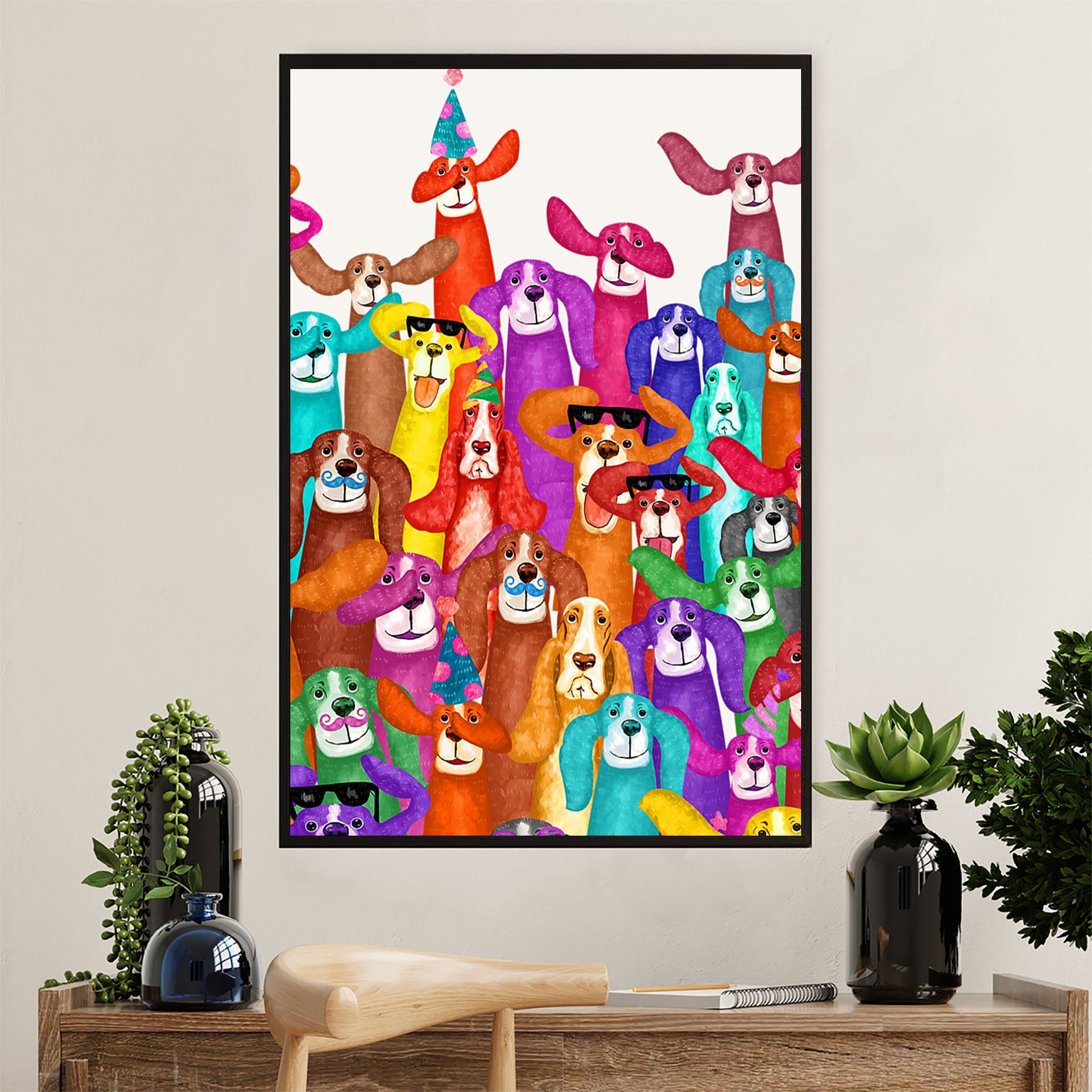 Basset Hound Dog Poster | Multi Dogs | Wall Art Gift for Miniature Basset Hound Puppies Lover