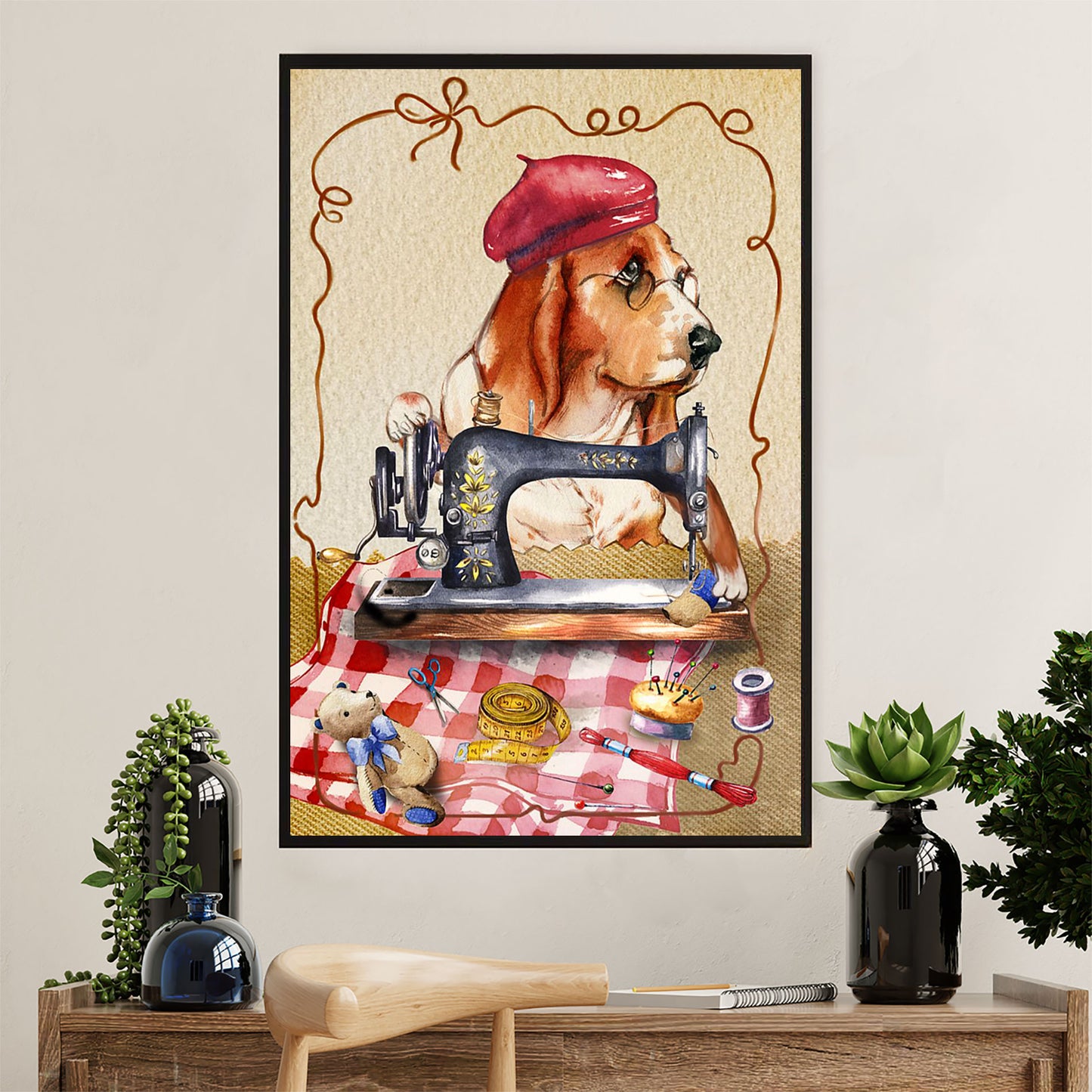 Basset Hound Dog Poster | Sewing Dog | Wall Art Gift for Miniature Basset Hound Puppies Lover
