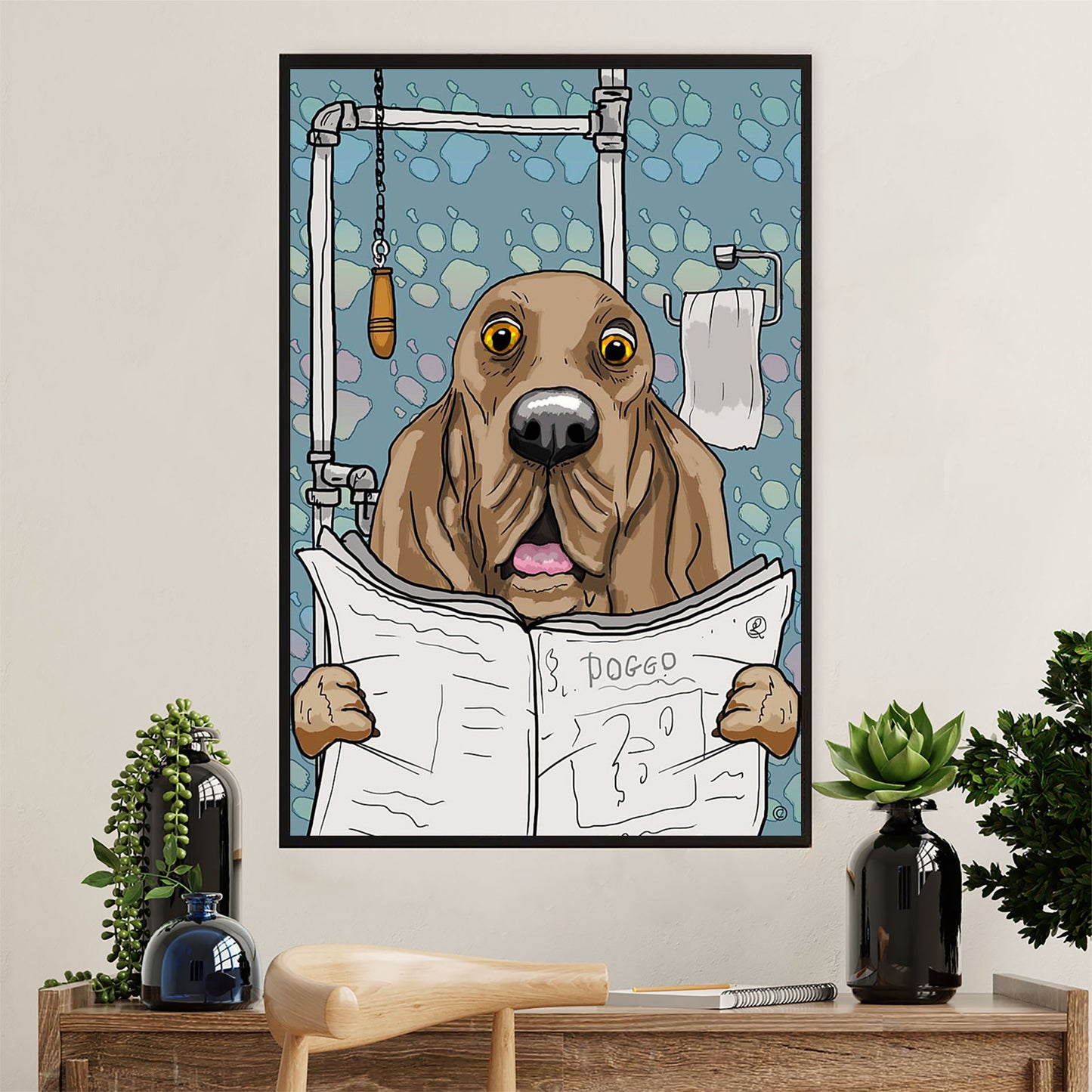 Basset Hound Dog Canvas Wall Art | Funny Dog In Toilet | Gift for Miniature Puppies Lover