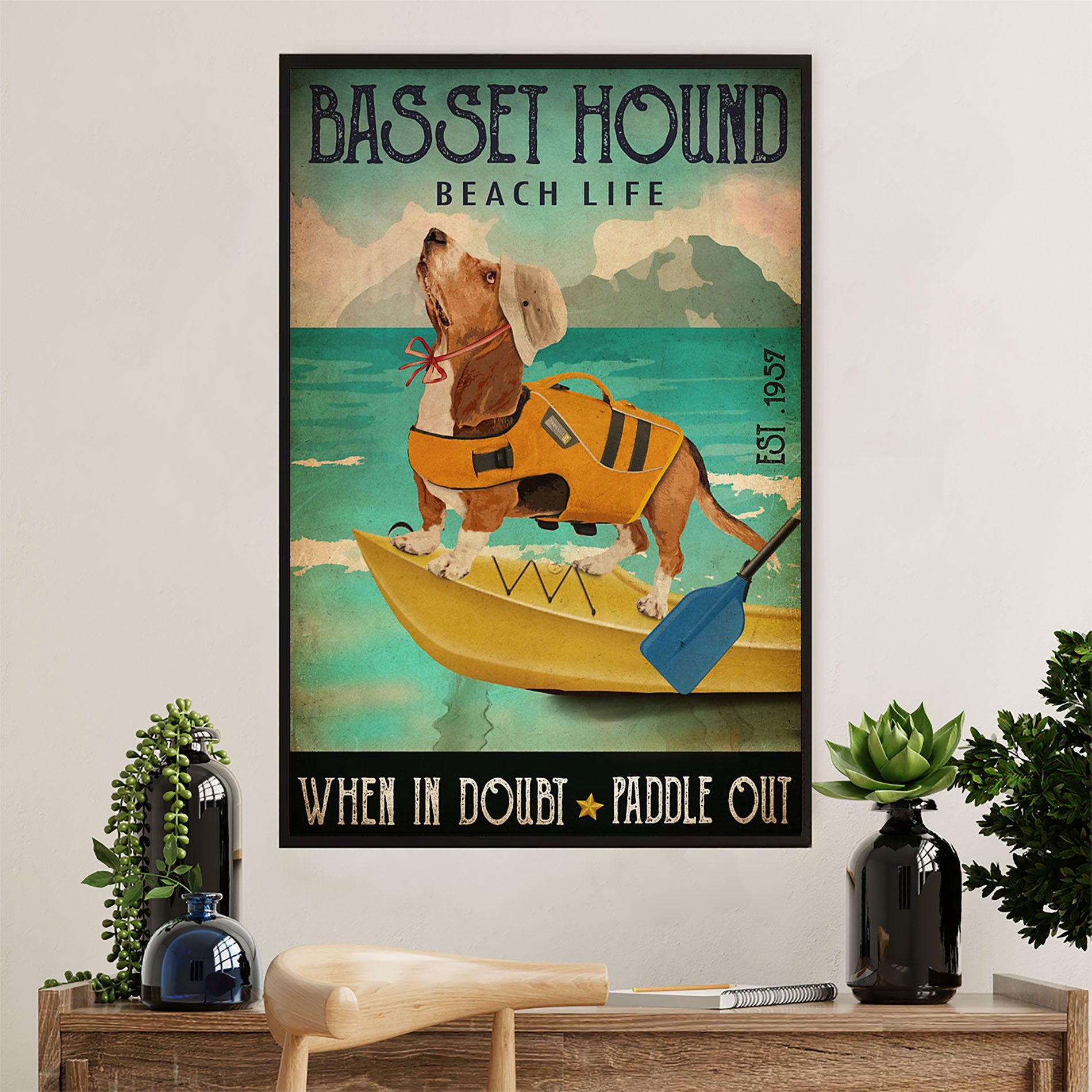 Basset Hound Dog Poster | Dog Beach Life | Wall Art Gift for Miniature Basset Hound Puppies Lover