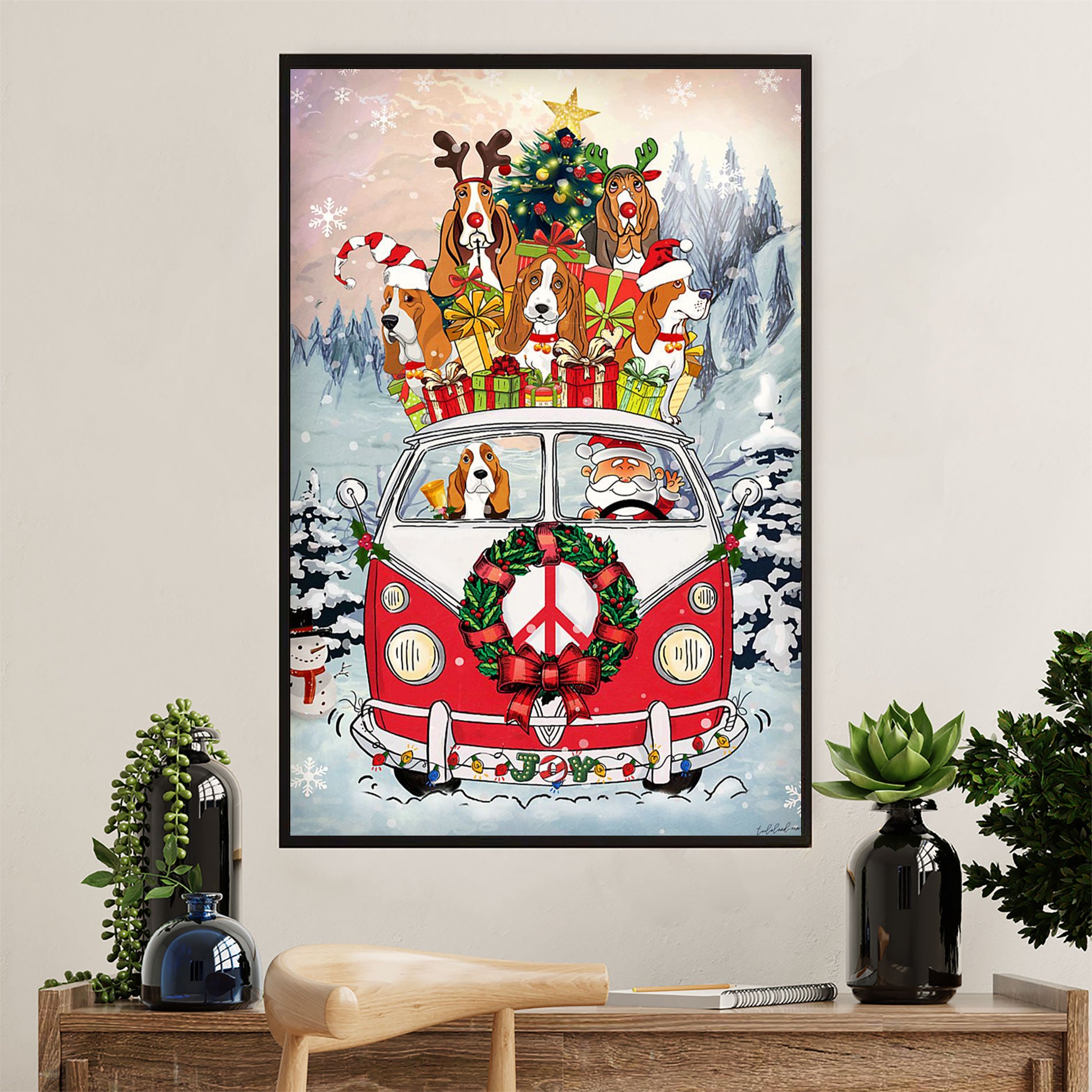 Basset Hound Dog Canvas Wall Art | Christmas Tree Santa Claus Dog | Gift for Miniature Puppies Lover