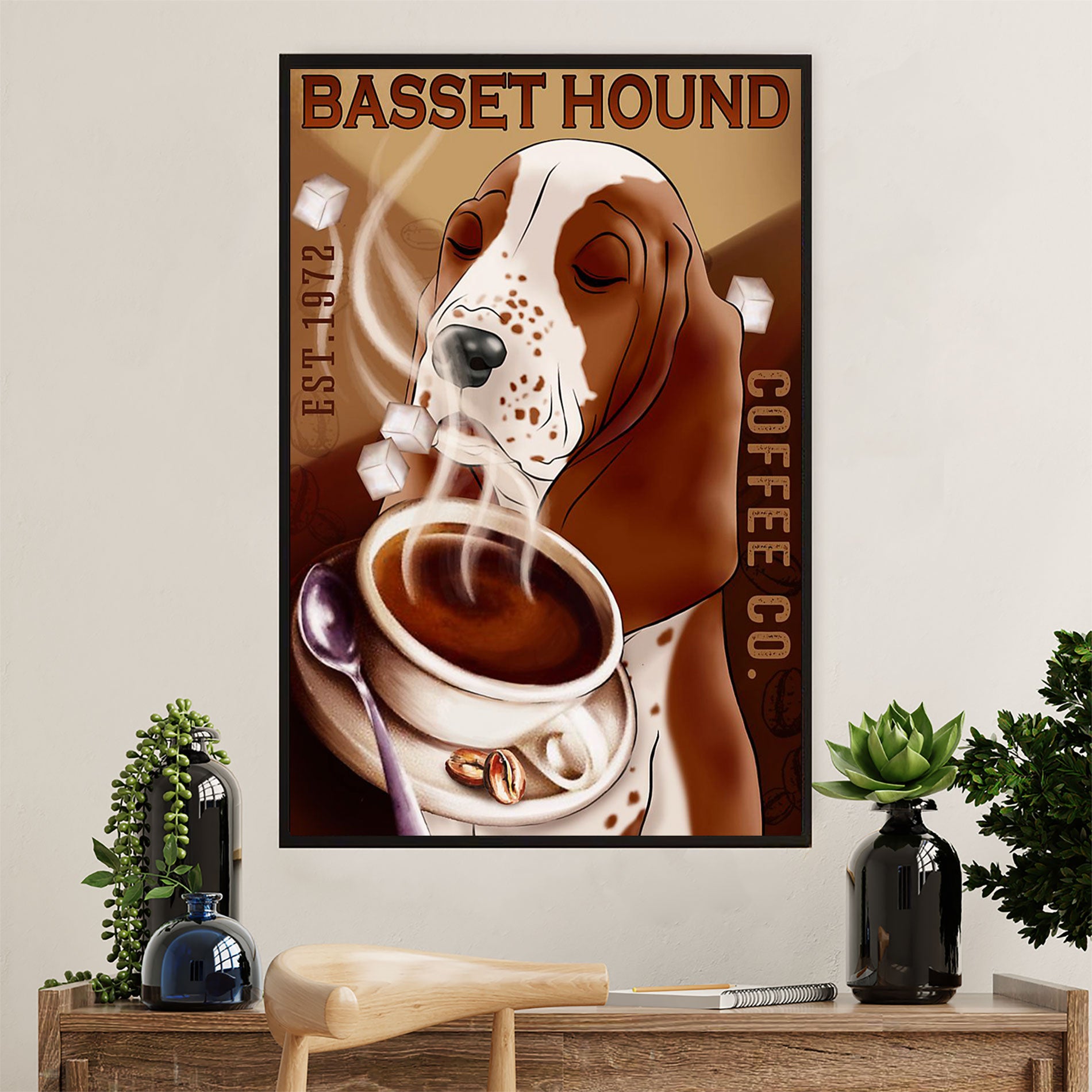 Basset Hound Dog Canvas Wall Art | Dog Coffee | Gift for Miniature Puppies Lover