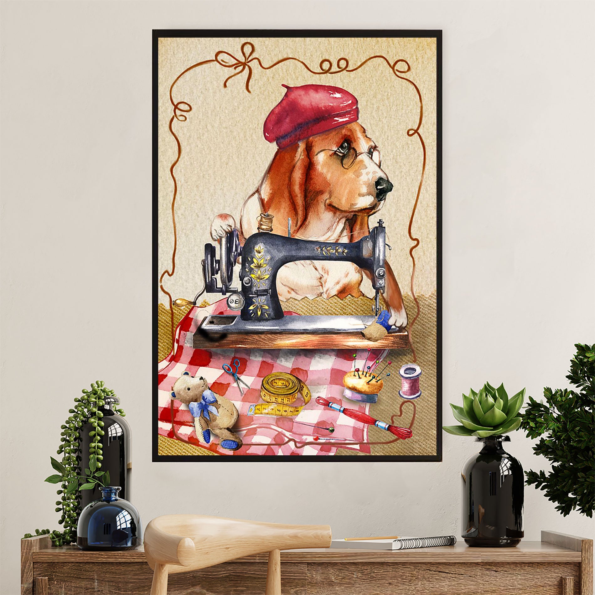 Basset Hound Dog Canvas Wall Art | Sewing Dog | Gift for Miniature Puppies Lover