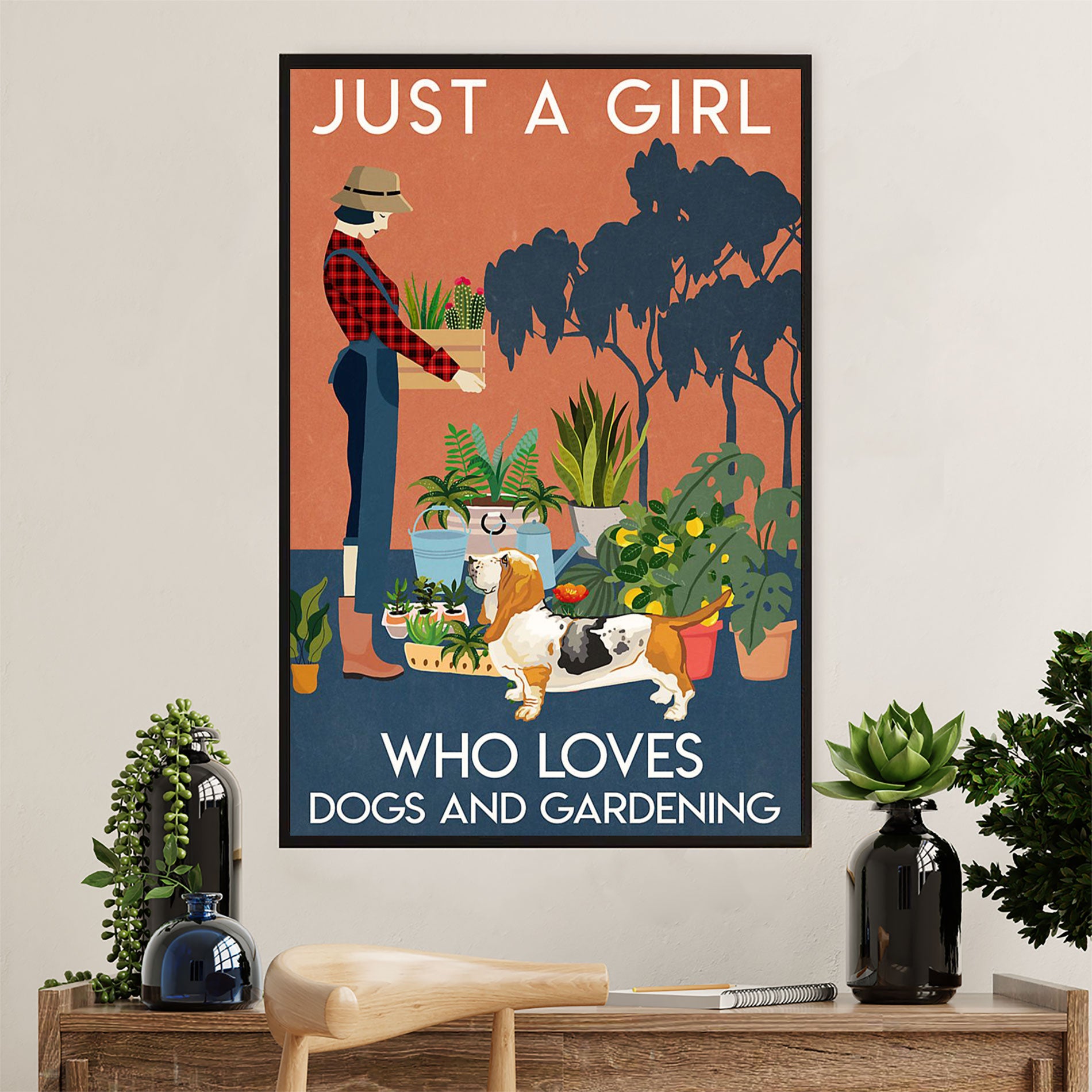 Basset Hound Dog Canvas Wall Art | Girl Loves Dogs & Gardening | Gift for Miniature Puppies Lover