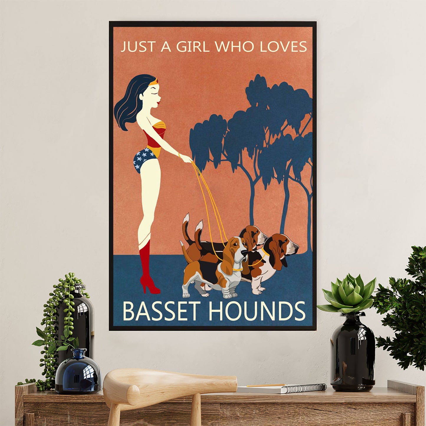 Basset Hound Dog Poster | Wonder Woman Loves Basset Hound | Wall Art Gift for Miniature Basset Hound Puppies Lover
