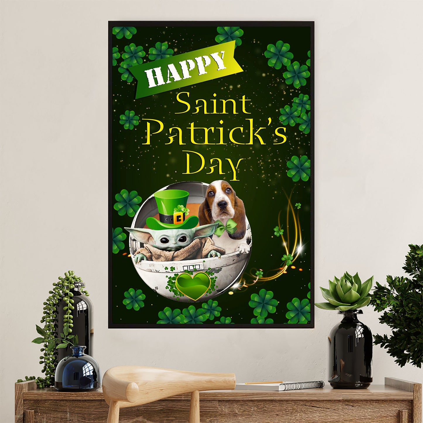Basset Hound Dog Canvas Wall Art | St.Patrick's Day | Gift for Miniature Puppies Lover