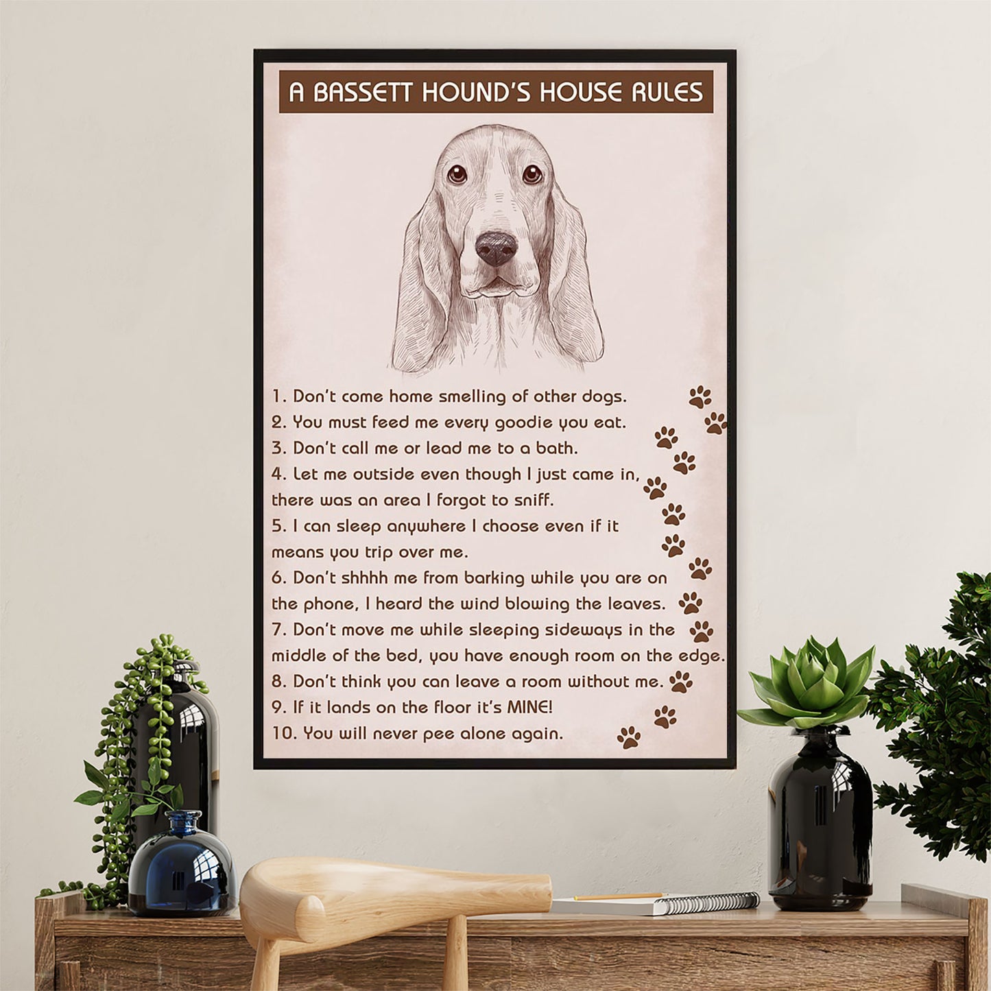 Basset Hound Dog Poster | Dog's House Rules | Wall Art Gift for Miniature Basset Hound Puppies Lover