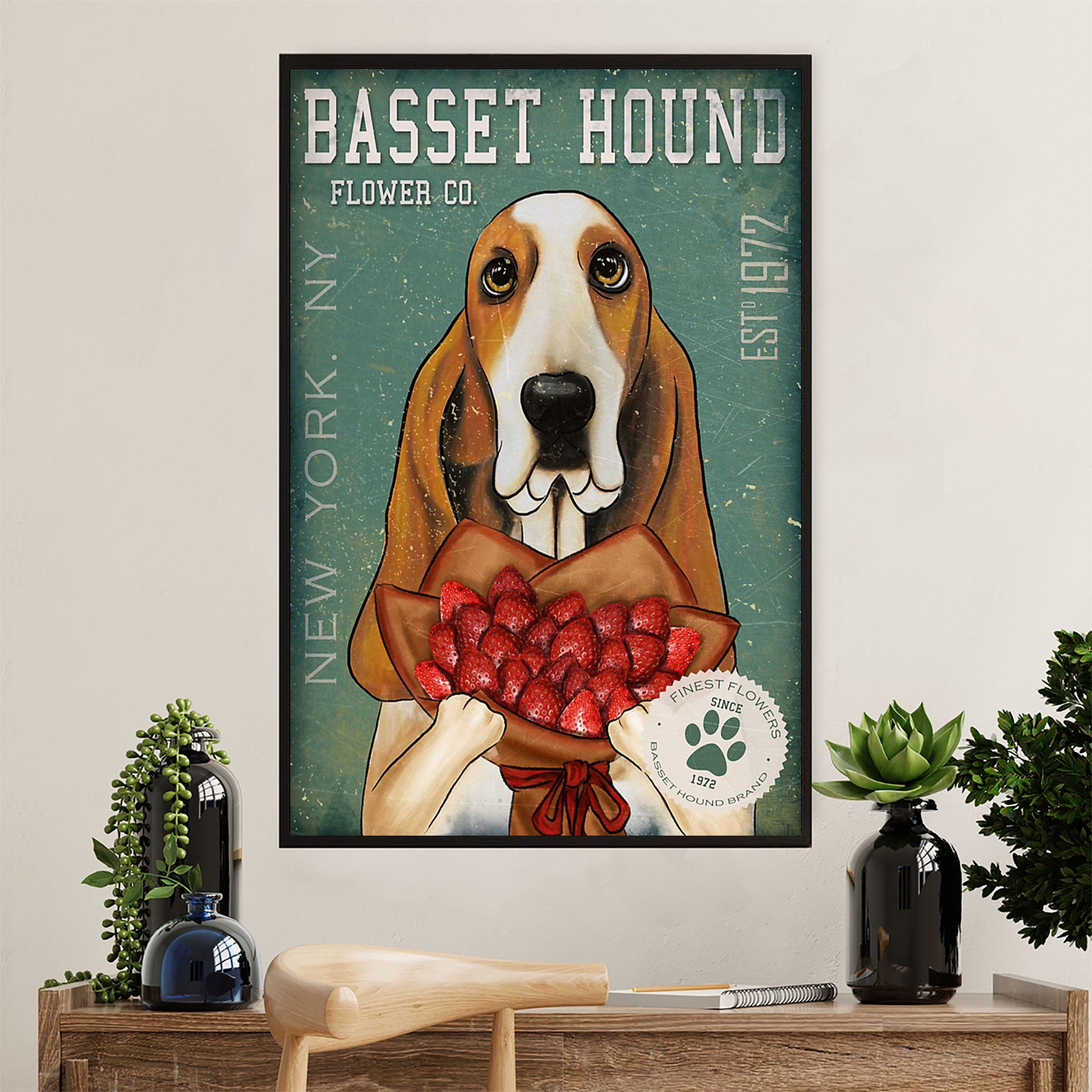 Basset Hound Dog Canvas Wall Art | Dog Flower Co | Gift for Miniature Puppies Lover