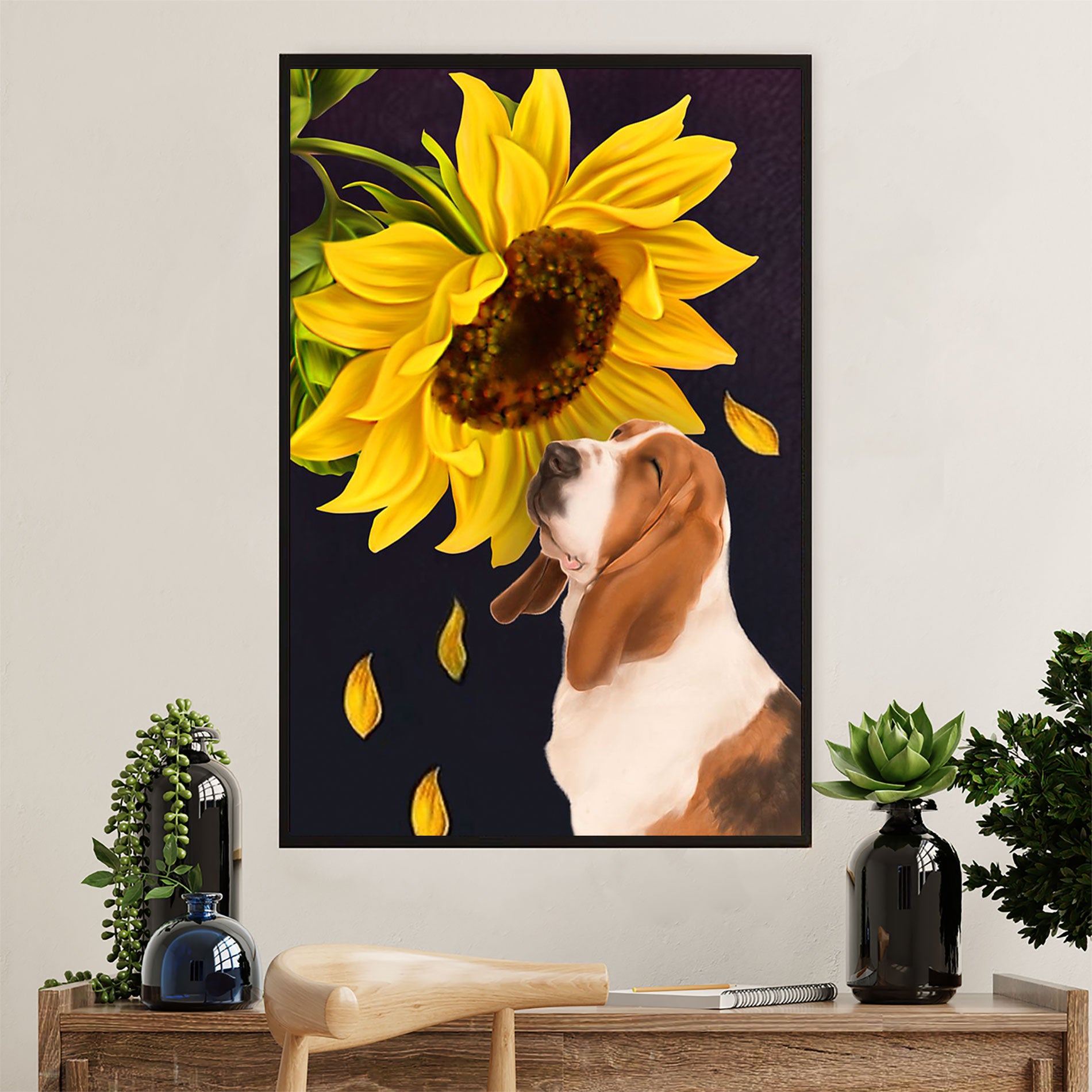 Basset Hound Dog Canvas Wall Art | Sunflower Dog | Gift for Miniature Puppies Lover