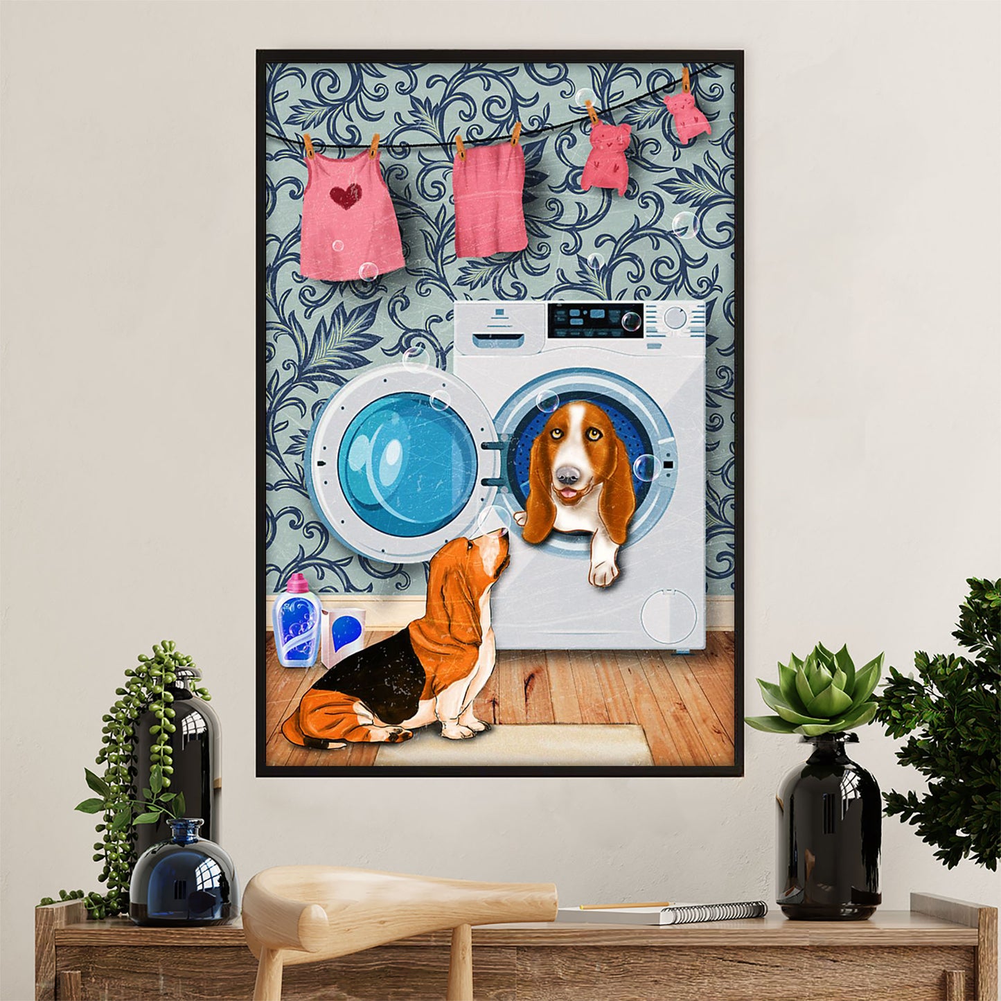 Basset Hound Dog Poster | Funny Dog in Washing Machine | Wall Art Gift for Miniature Basset Hound Puppies Lover