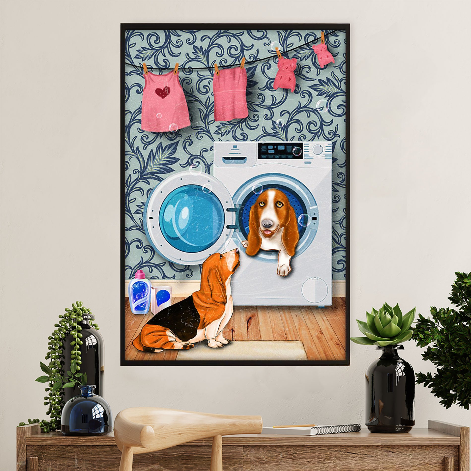 Basset Hound Dog Canvas Wall Art | Funny Dog in Washing Machine | Gift for Miniature Puppies Lover