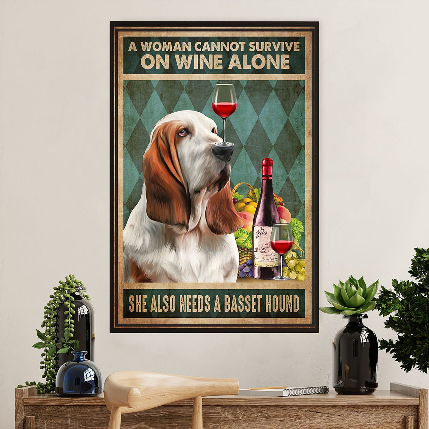 Basset Hound Dog Poster | Woman Loves Dog & Wine | Wall Art Gift for Miniature Basset Hound Puppies Lover