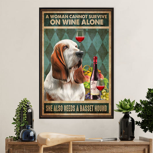 Basset Hound Dog Poster | Woman Loves Dog & Wine | Wall Art Gift for Miniature Basset Hound Puppies Lover