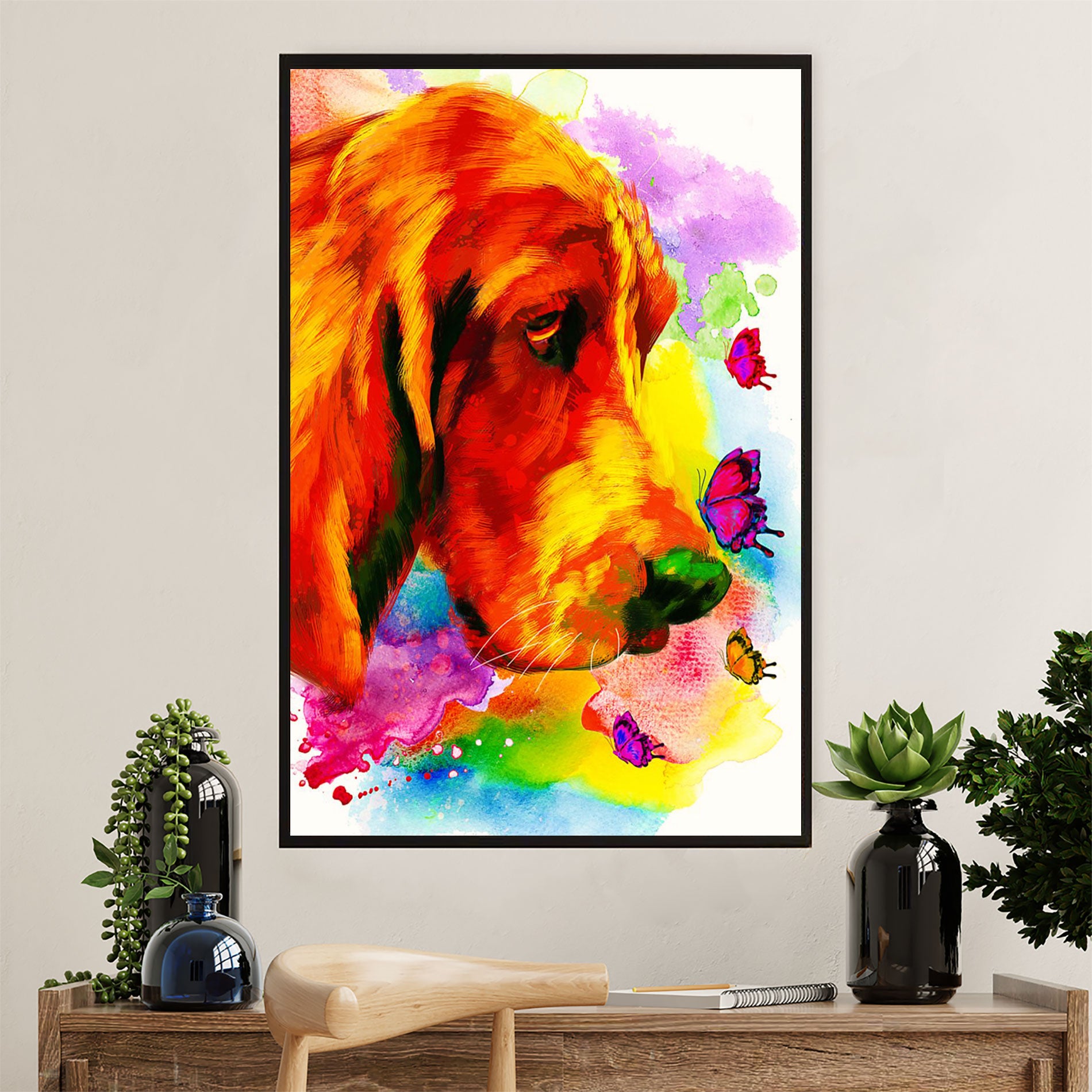 Basset Hound Dog Canvas Wall Art | Watercolor Dog Butterfly Paitning | Gift for Miniature Puppies Lover