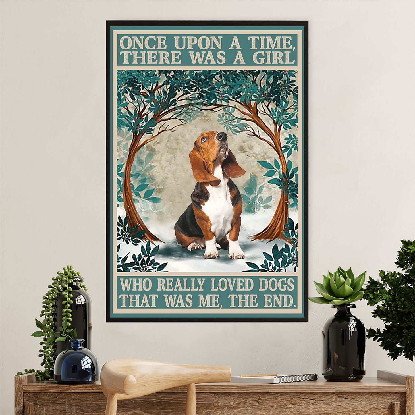 Basset Hound Dog Canvas Wall Art | Girl Loves Dogs | Gift for Miniature Puppies Lover