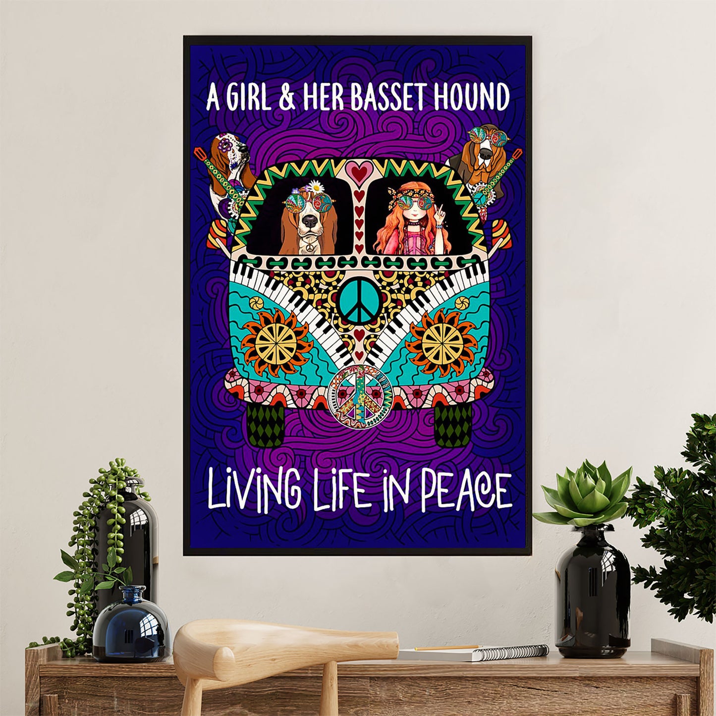 Basset Hound Dog Canvas Wall Art | Hippie Girl & Dogs | Gift for Miniature Puppies Lover