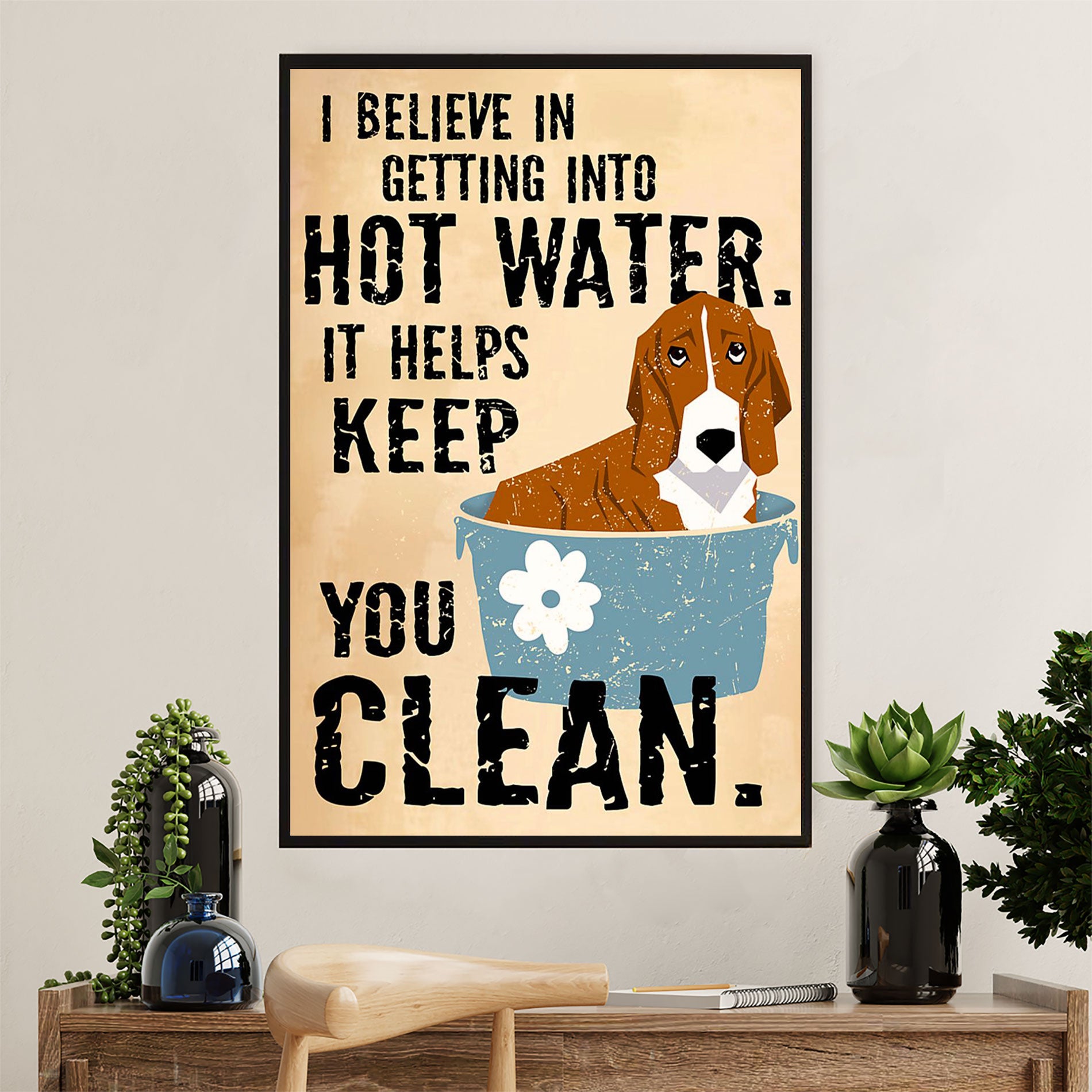 Basset Hound Dog Canvas Wall Art | Getting Into Hot Water | Gift for Miniature Puppies Lover
