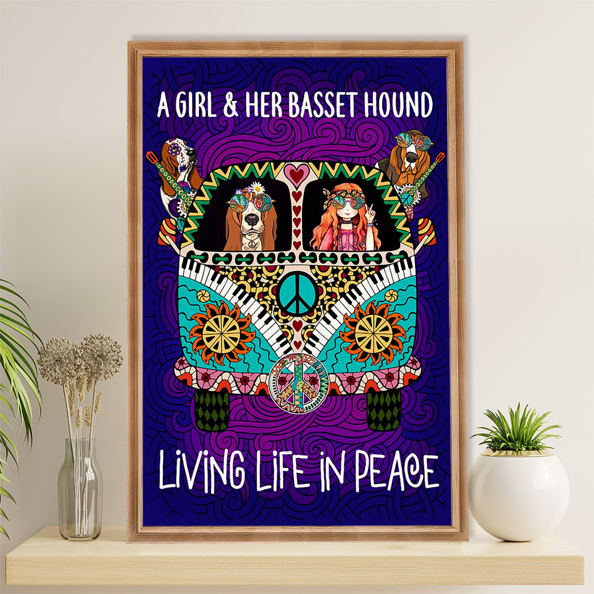 Basset Hound Dog Poster | Hippie Girl & Dogs | Wall Art Gift for Miniature Basset Hound Puppies Lover