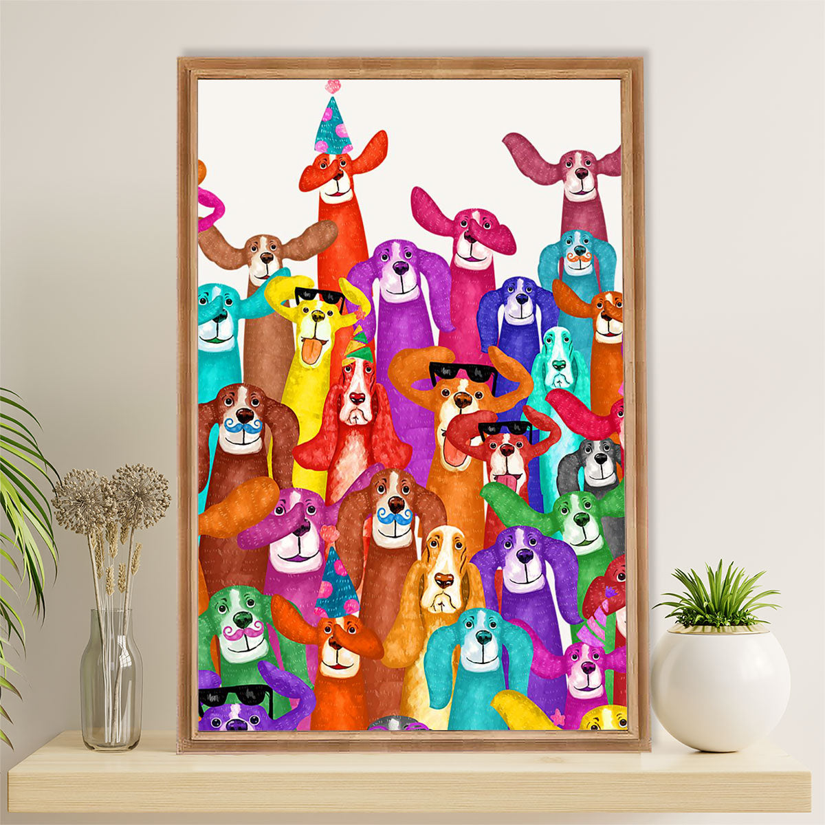 Basset Hound Dog Canvas Wall Art | Multi Dogs | Gift for Miniature Puppies Lover