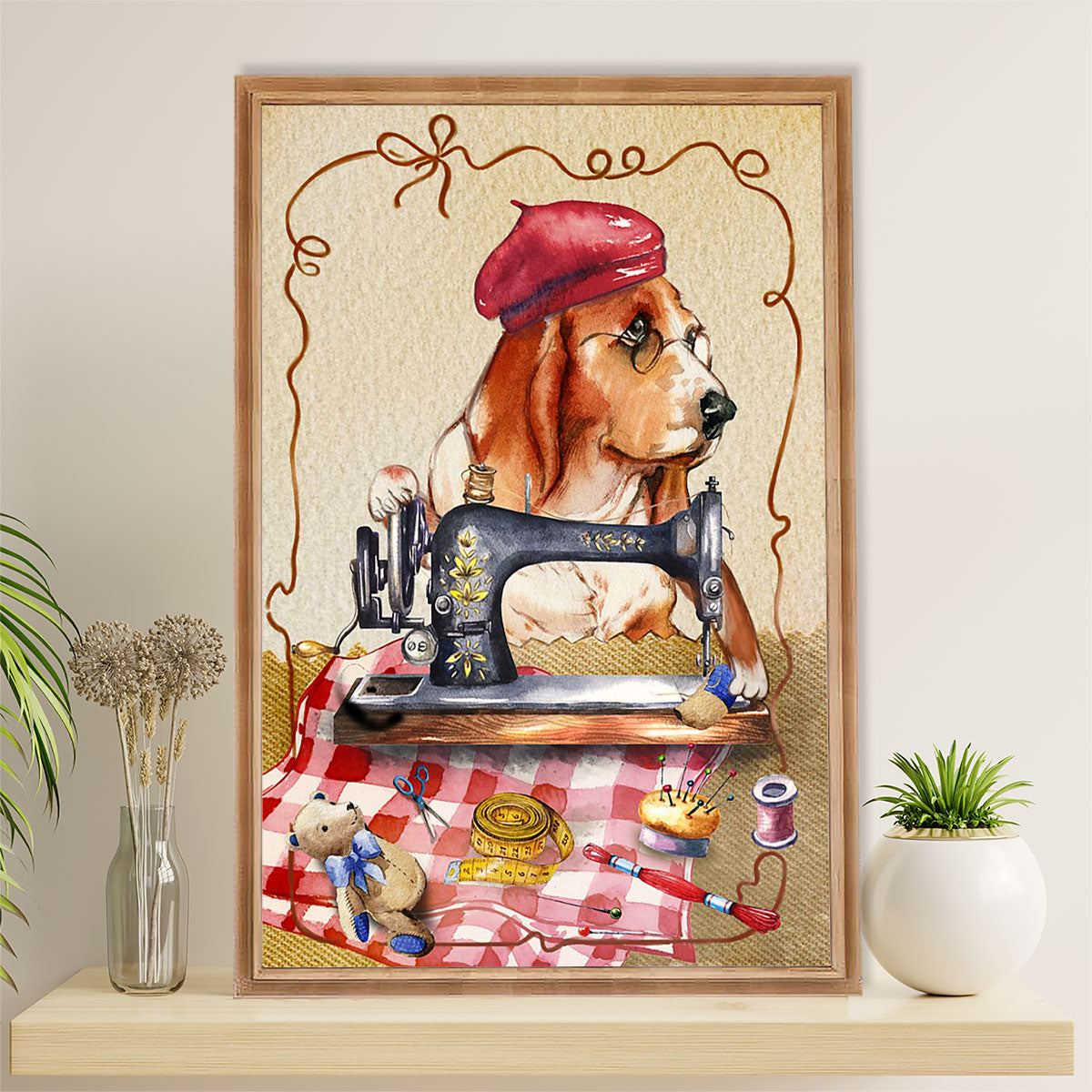 Basset Hound Dog Poster | Sewing Dog | Wall Art Gift for Miniature Basset Hound Puppies Lover