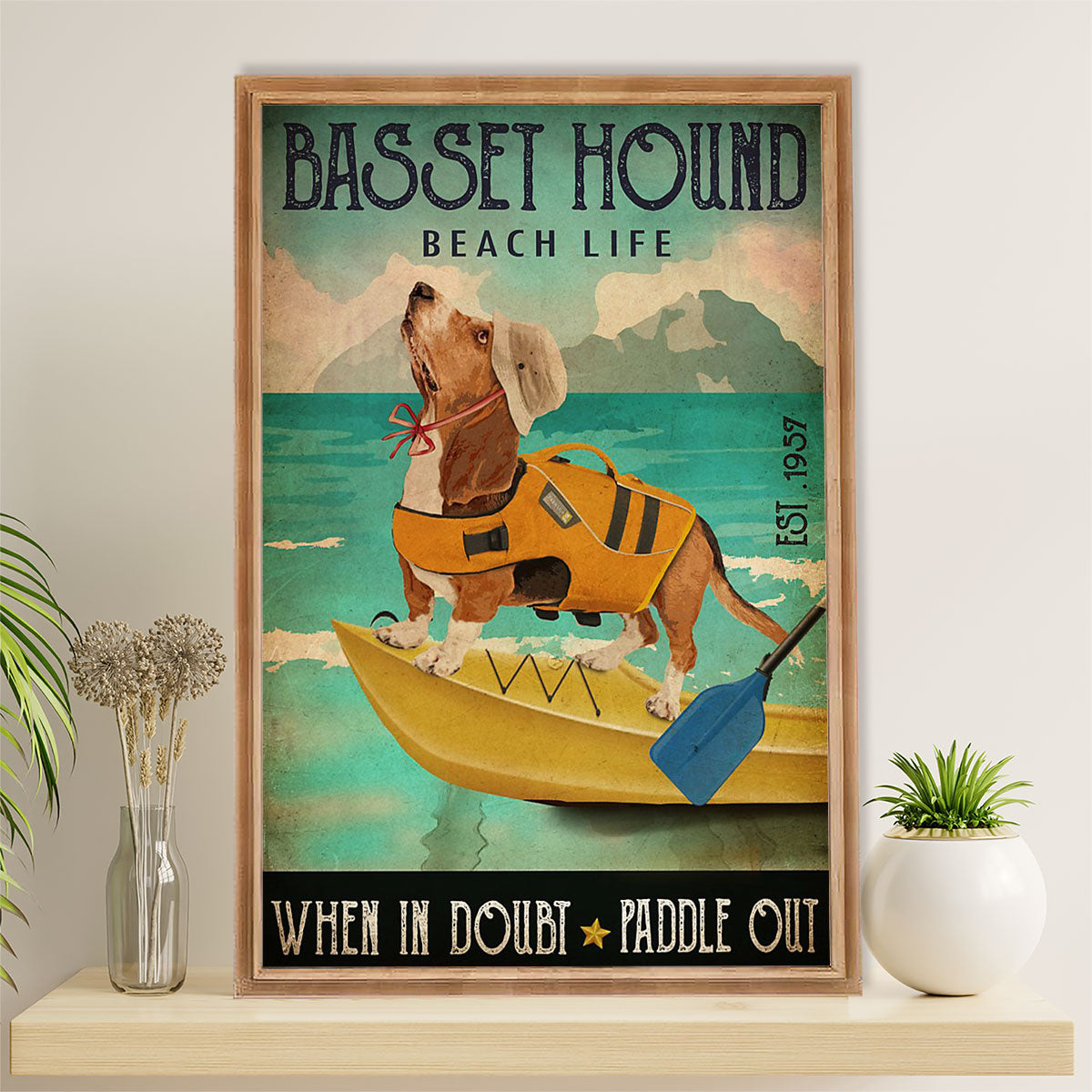 Basset Hound Dog Poster | Dog Beach Life | Wall Art Gift for Miniature Basset Hound Puppies Lover