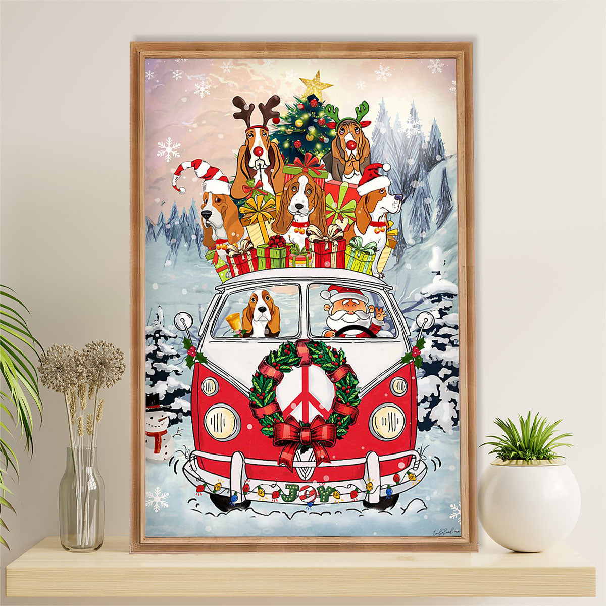 Basset Hound Dog Poster | Christmas Tree Santa Claus Dog | Wall Art Gift for Miniature Basset Hound Puppies Lover