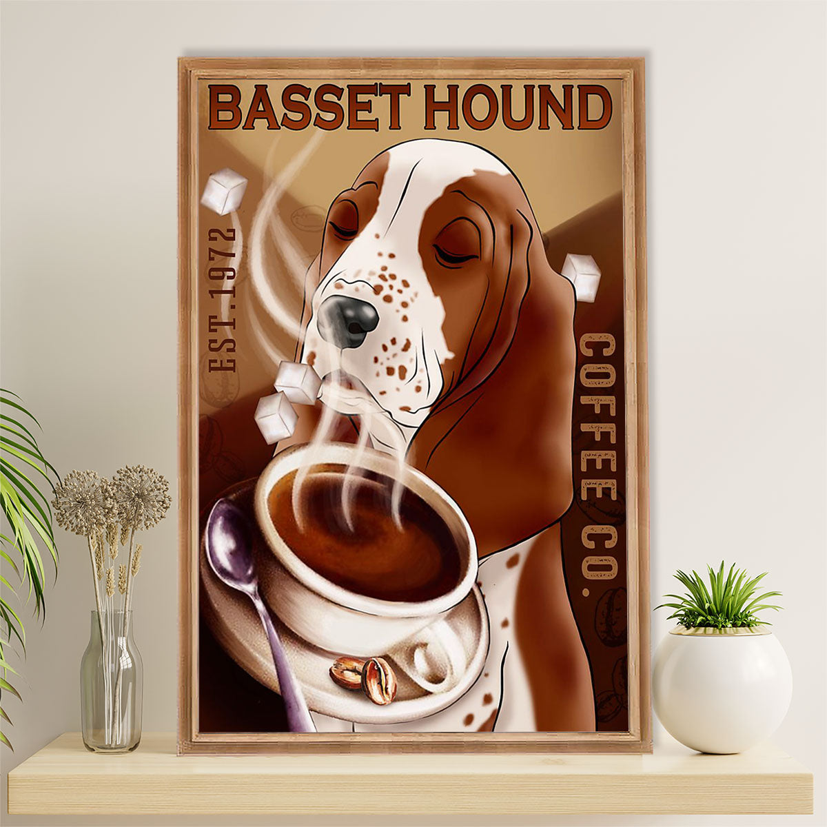 Basset Hound Dog Canvas Wall Art | Dog Coffee | Gift for Miniature Puppies Lover