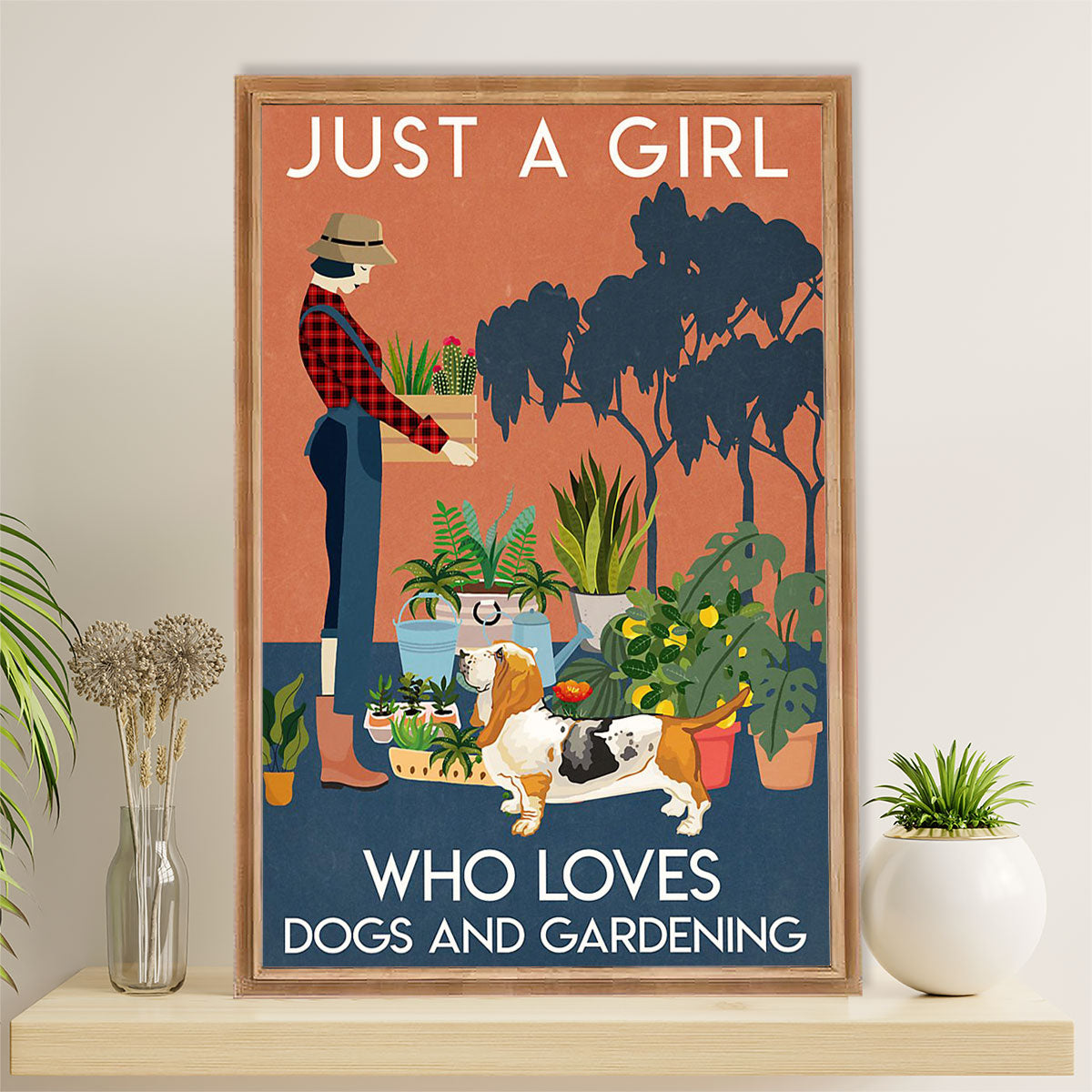 Basset Hound Dog Canvas Wall Art | Girl Loves Dogs & Gardening | Gift for Miniature Puppies Lover